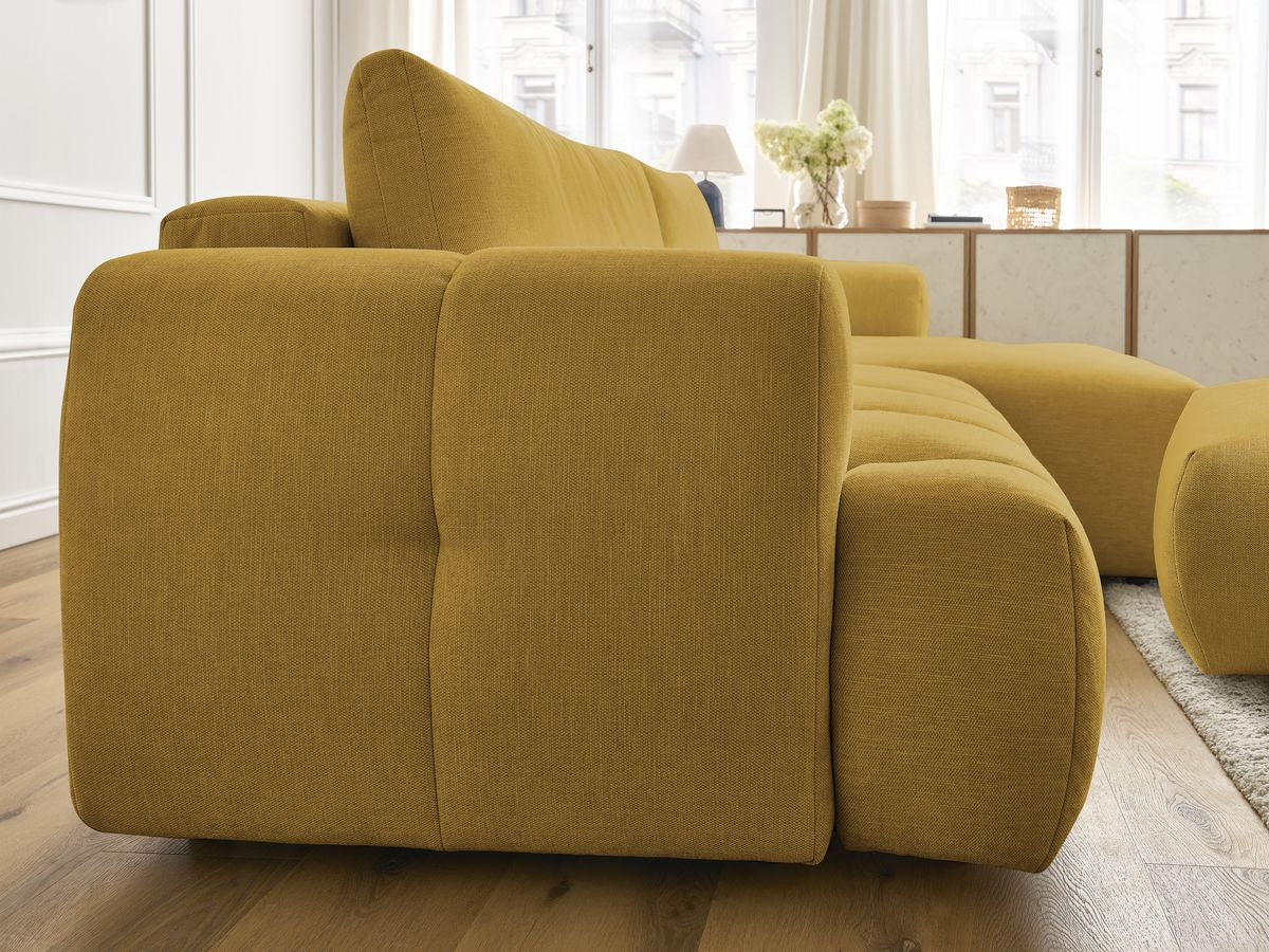 Canapé d'angle convertible FUJI tissu lisse avec pouf - Angle droit