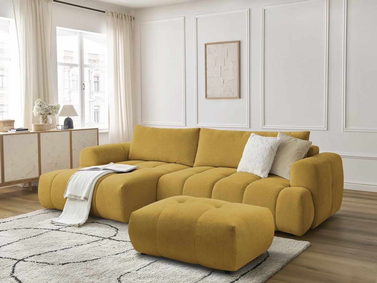 Canapé d'angle convertible FUJI tissu lisse avec pouf - Angle gauche