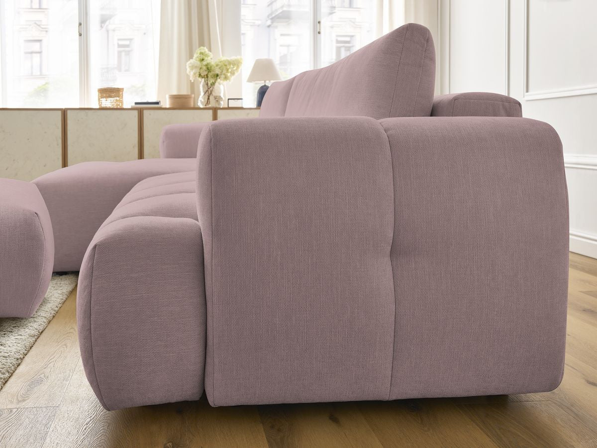 Canapé d'angle convertible FUJI tissu lisse avec pouf - Angle gauche