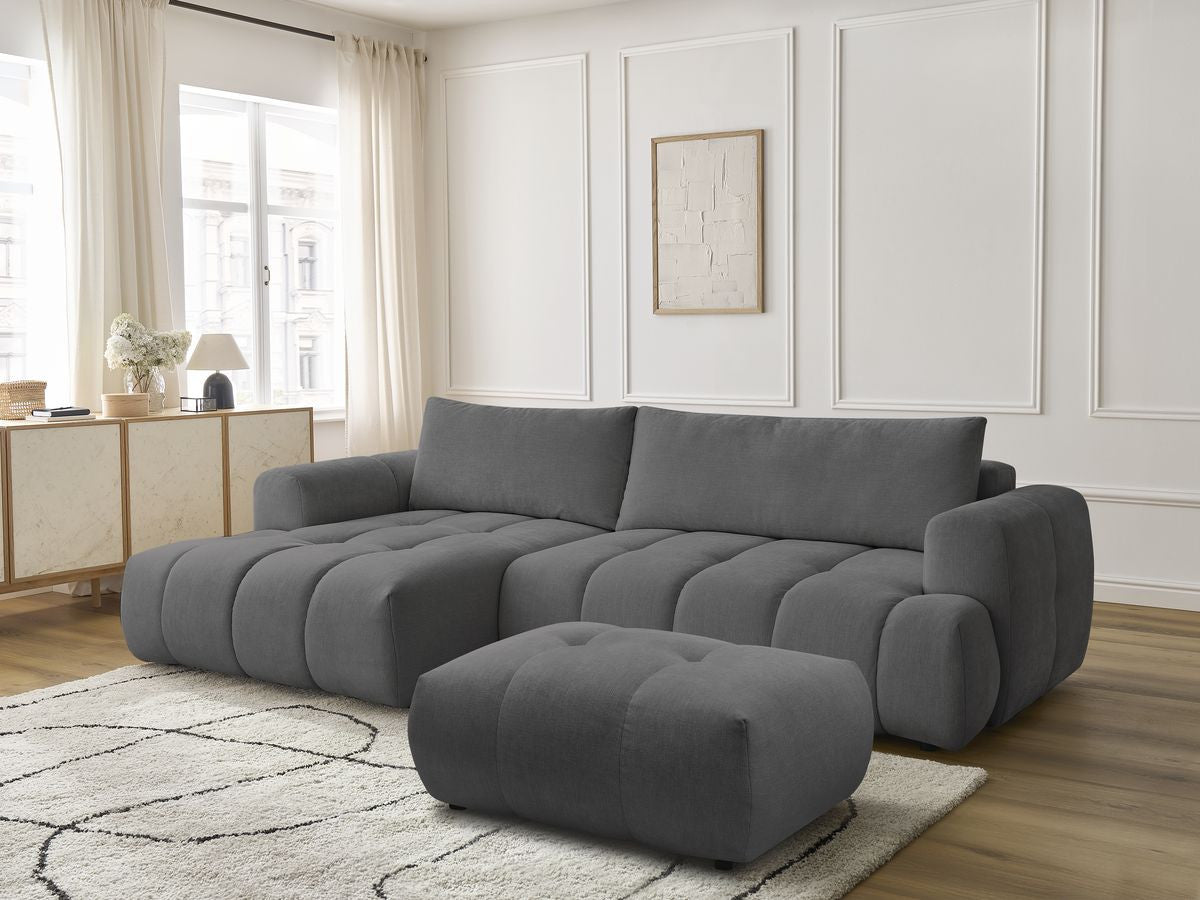 Canapé d'angle convertible FUJI tissu lisse avec pouf - Angle gauche