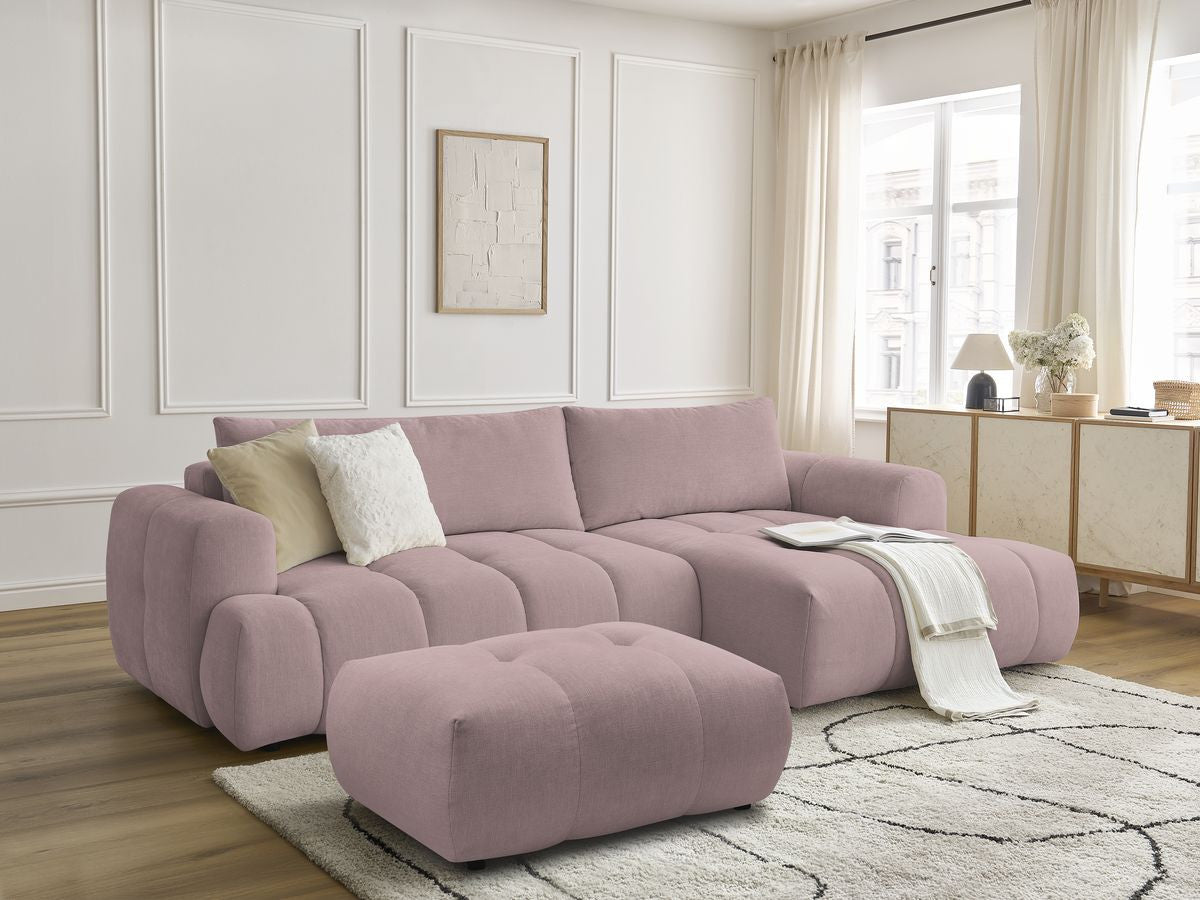 Canapé d'angle convertible FUJI tissu lisse avec pouf - Angle droit
