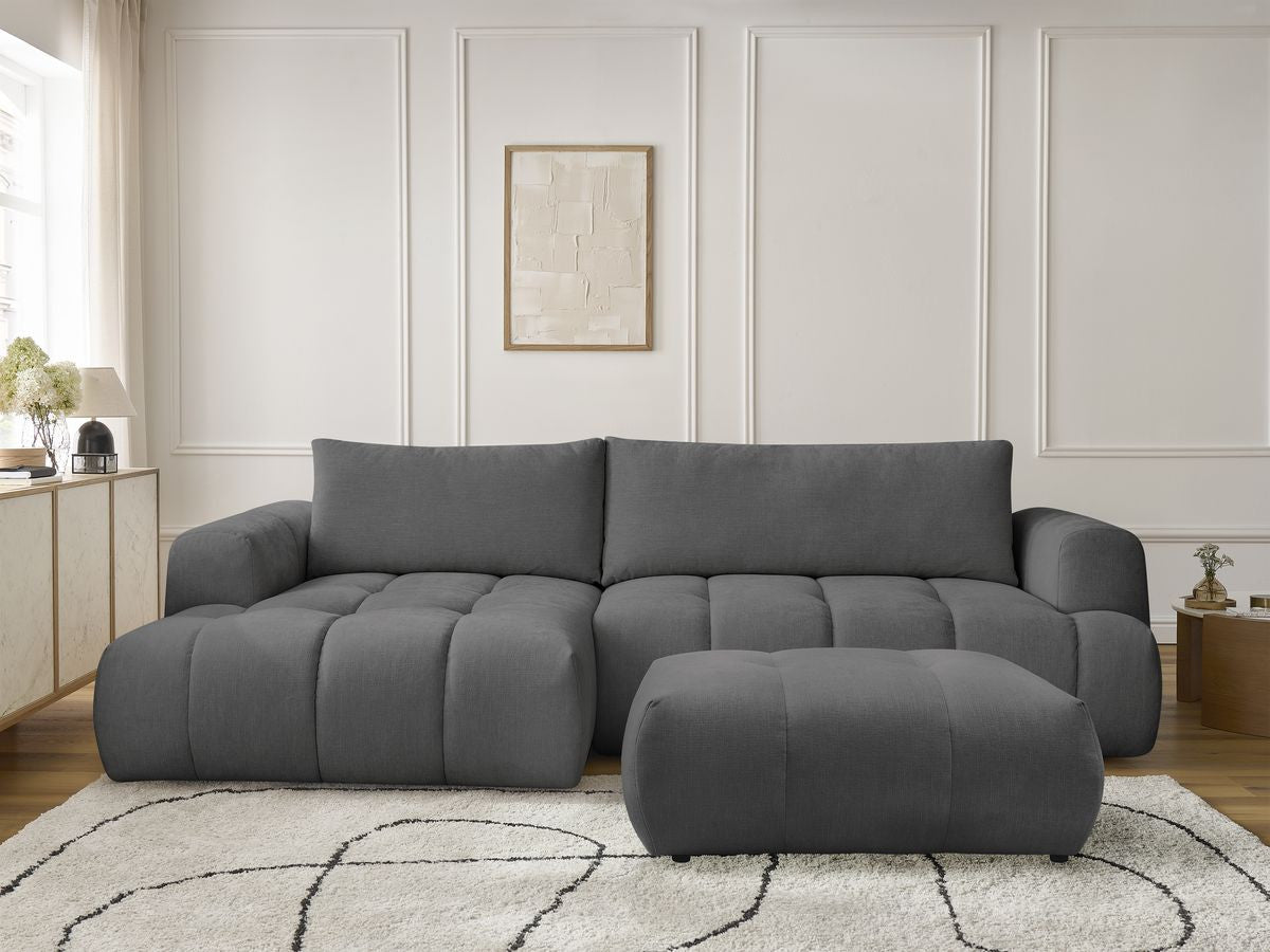Canapé d'angle convertible FUJI tissu lisse avec pouf - Angle gauche