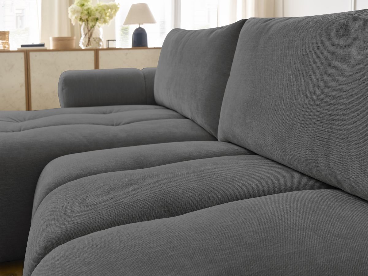 Canapé d'angle convertible FUJI tissu lisse avec pouf - Angle gauche