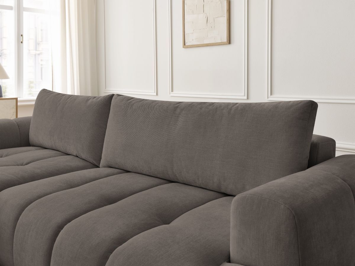 Canapé d'angle convertible FUJI tissu lisse avec pouf - Angle gauche