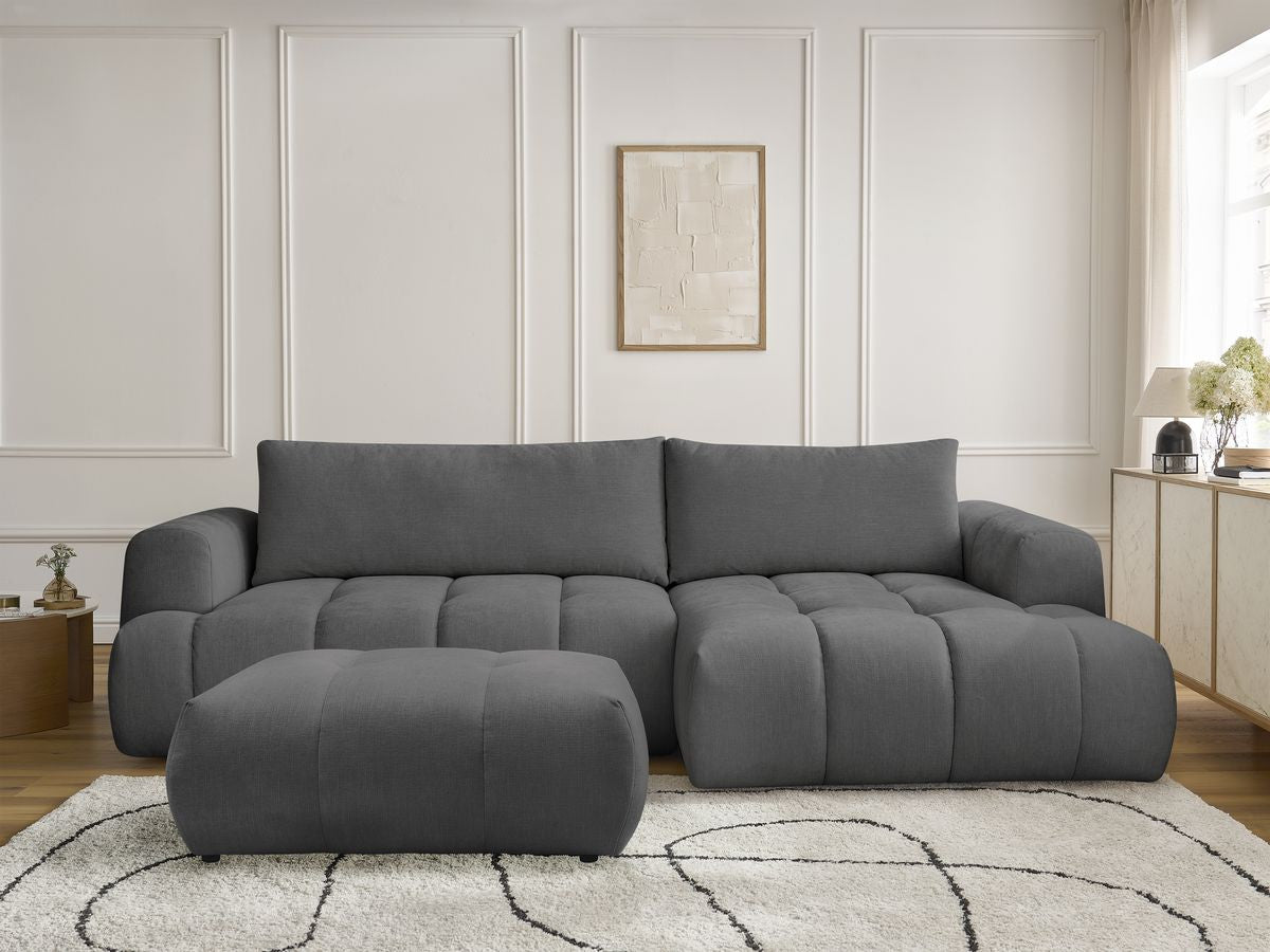 Canapé d'angle convertible FUJI tissu lisse avec pouf - Angle droit