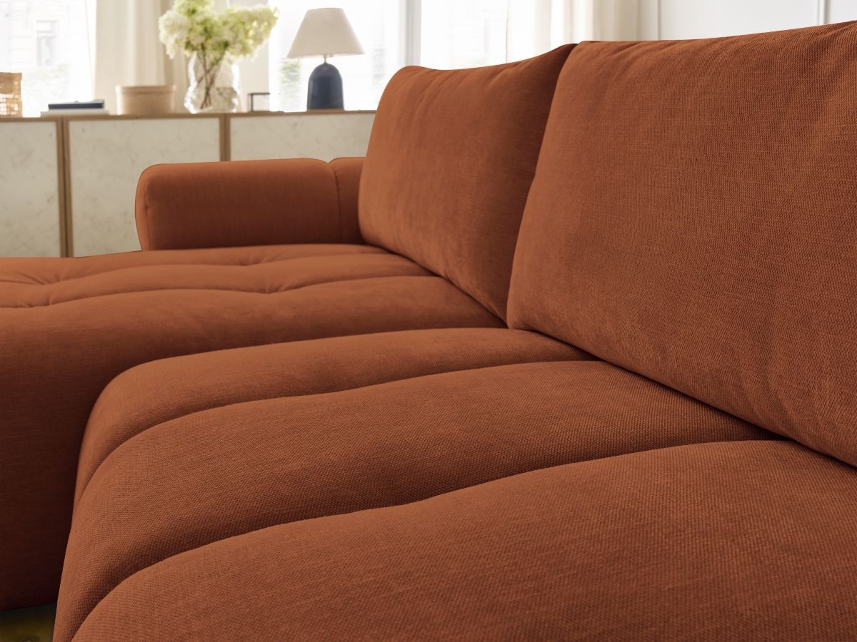 Canapé d'angle convertible FUJI tissu lisse avec pouf - Angle gauche