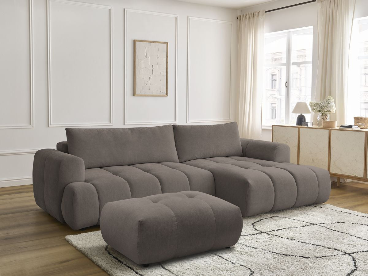 Canapé d'angle convertible FUJI tissu lisse avec pouf - Angle droit