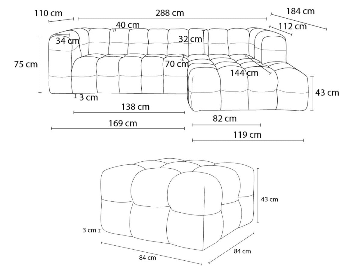 Canapé d'angle fixe CLOUD avec pouf Angle droit