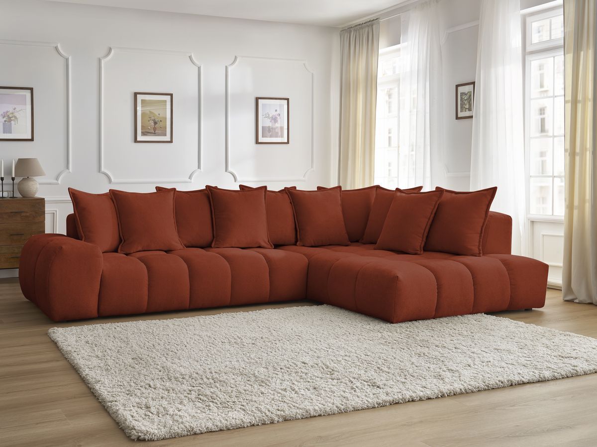 Canapé d'angle fixe EVEREST tissu texturé - Angle droit - 10 coussins