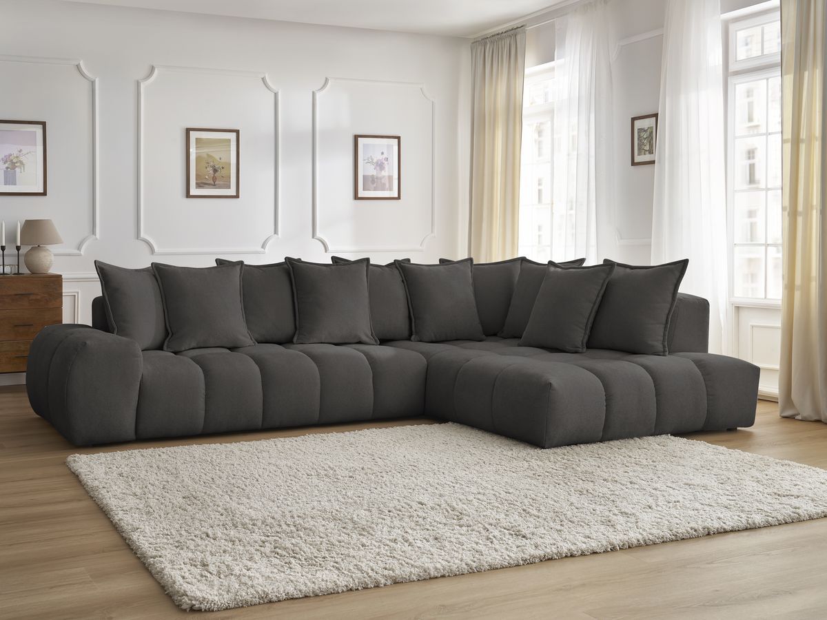 Canapé d'angle fixe EVEREST tissu texturé - Angle droit - 10 coussins