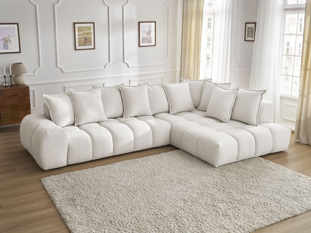 Canapé d'angle fixe EVEREST tissu texturé - Angle droit - 10 coussins