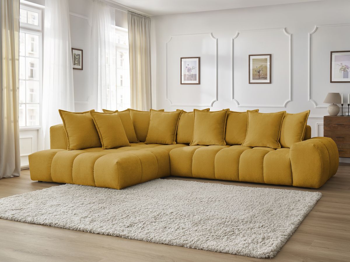 Canapé d'angle fixe EVEREST tissu texturé - Angle gauche - 10 coussins