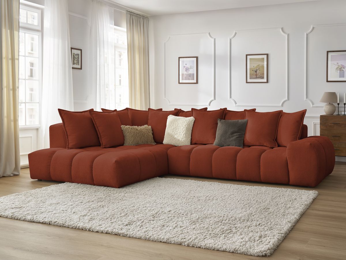 Canapé d'angle fixe EVEREST tissu texturé - Angle gauche - 10 coussins
