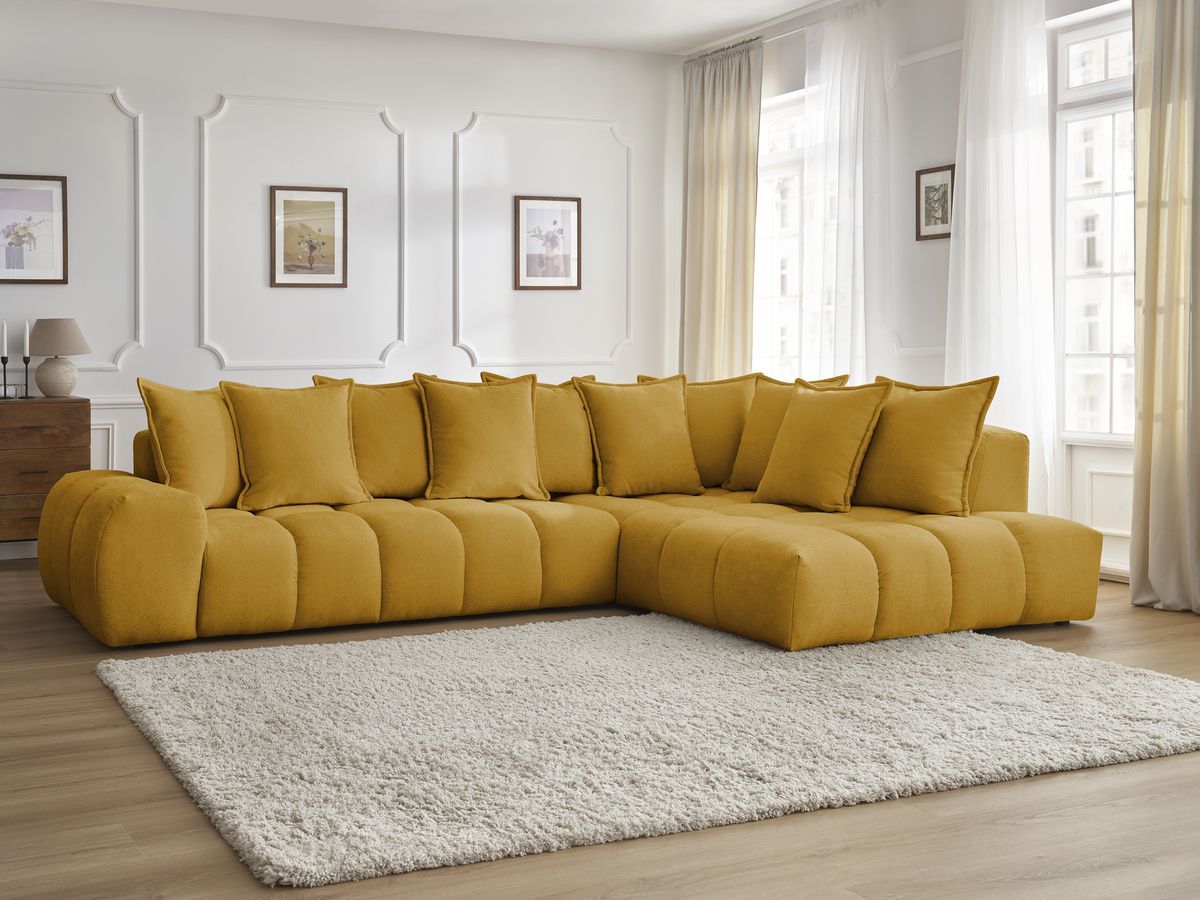 Canapé d'angle fixe EVEREST tissu texturé - Angle droit - 10 coussins