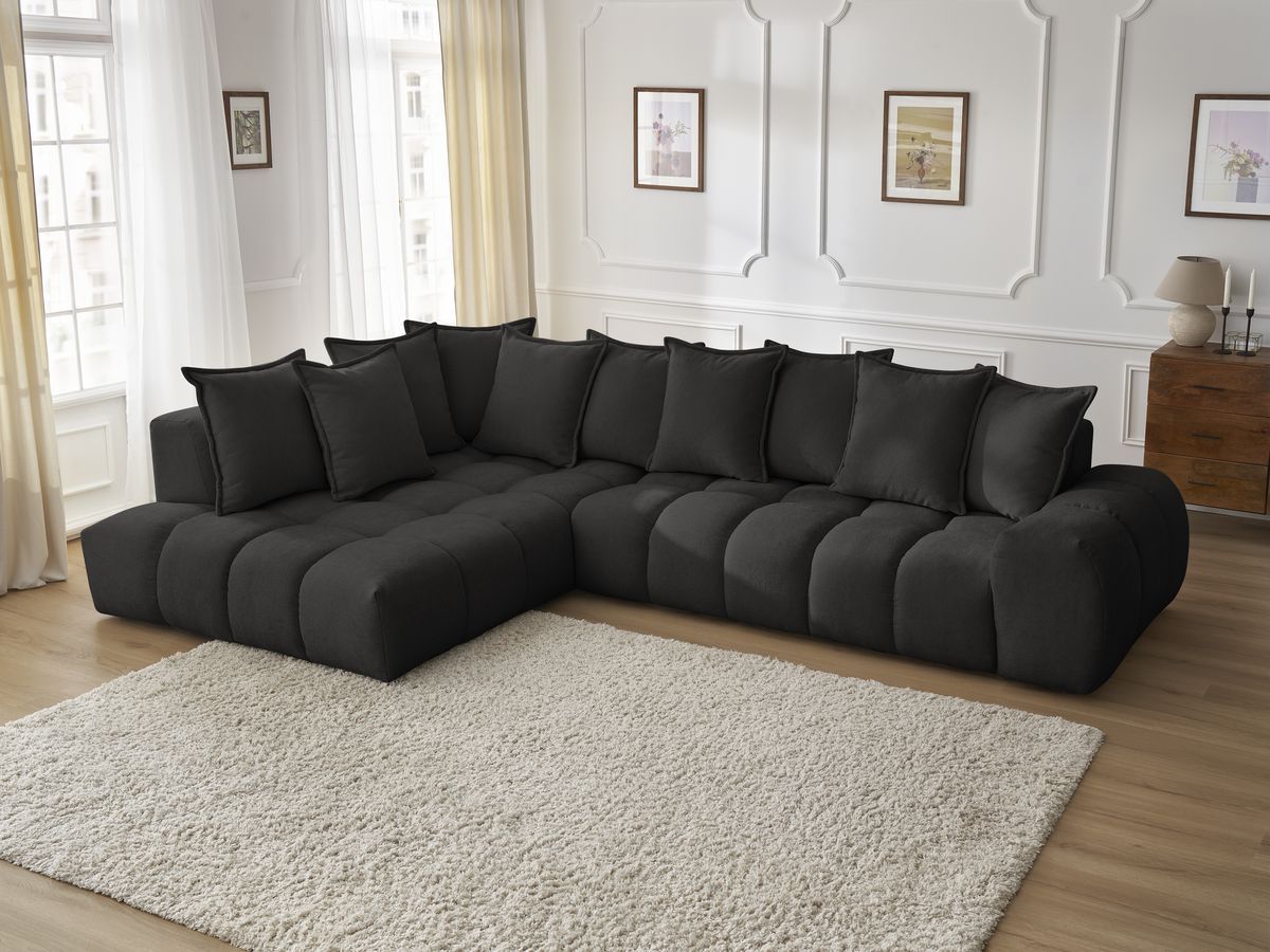 Canapé d'angle fixe EVEREST tissu texturé - Angle gauche - 10 coussins