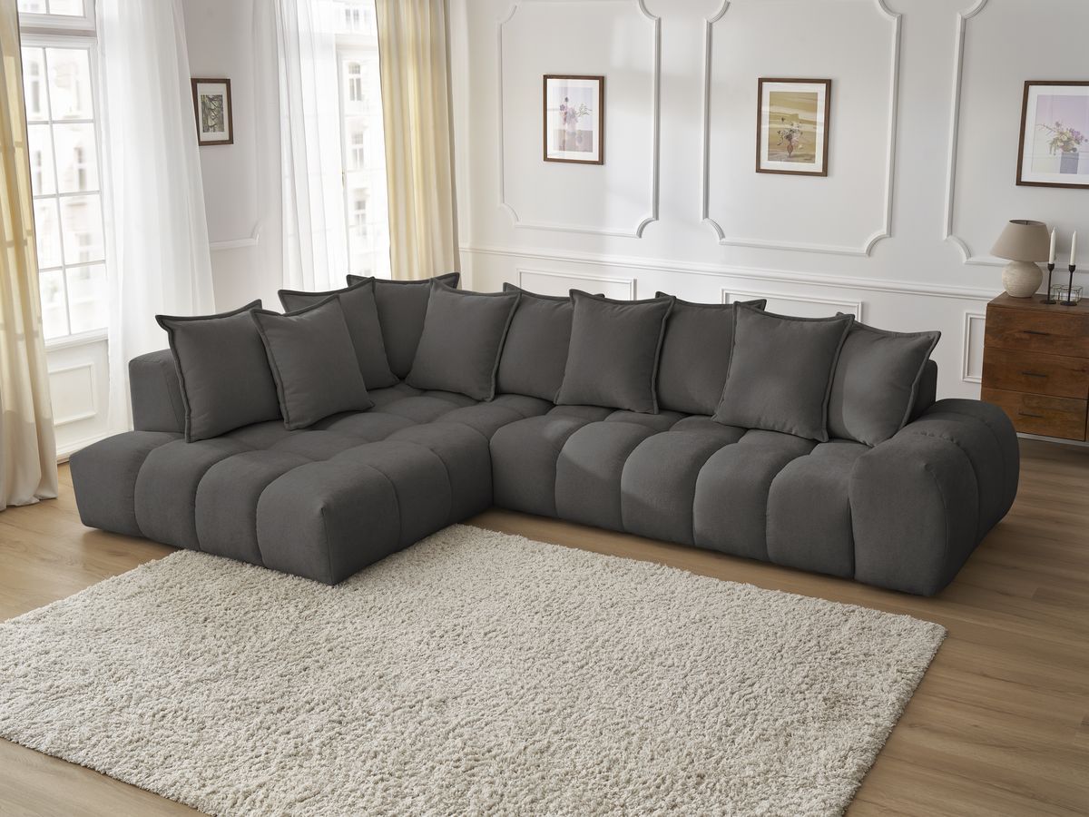 Canapé d'angle fixe EVEREST tissu texturé - Angle gauche - 10 coussins