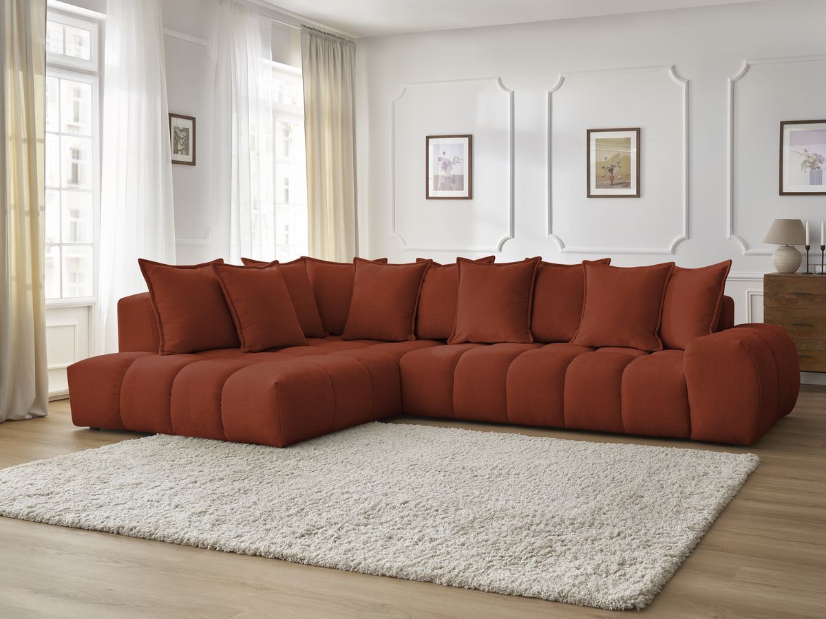 Canapé d'angle fixe EVEREST tissu texturé - Angle gauche - 10 coussins
