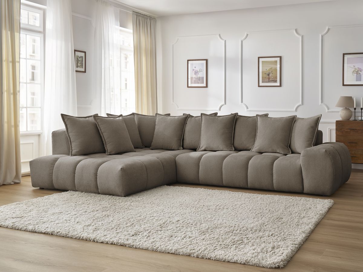 Canapé d'angle fixe EVEREST tissu texturé - Angle gauche - 10 coussins