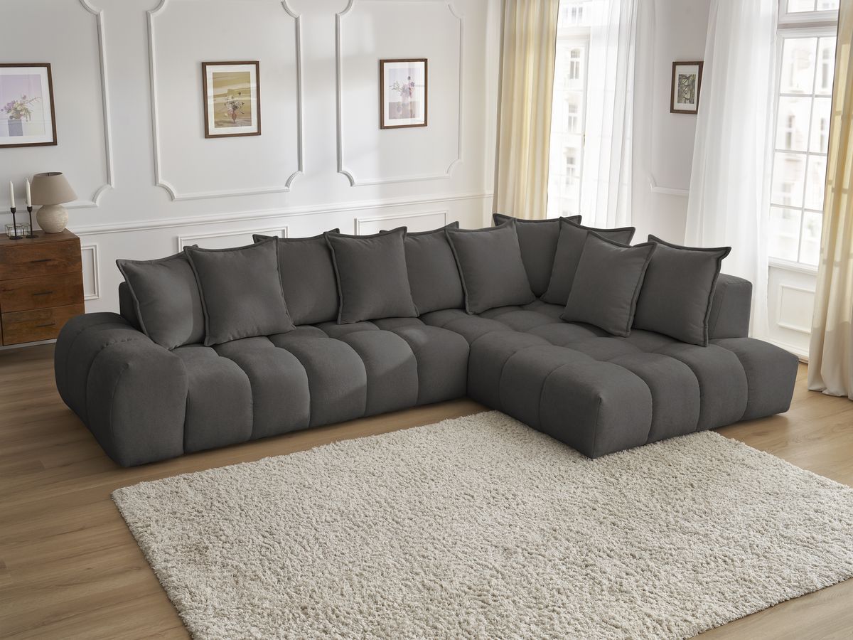 Canapé d'angle fixe EVEREST tissu texturé - Angle droit - 10 coussins