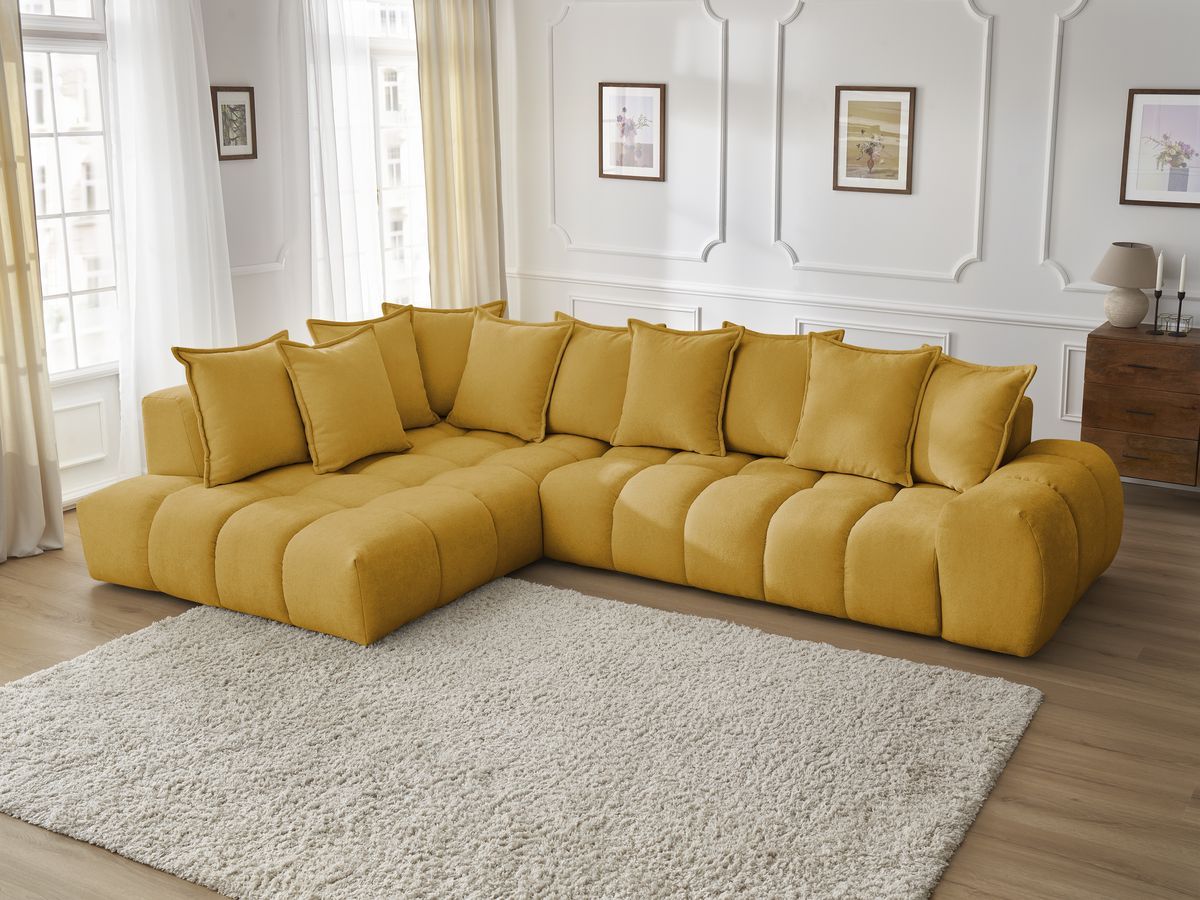 Canapé d'angle fixe EVEREST tissu texturé - Angle gauche - 10 coussins