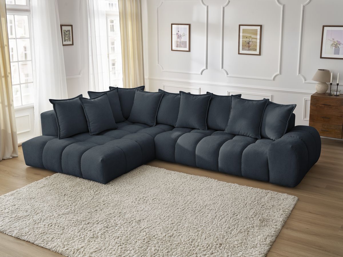 Canapé d'angle fixe EVEREST tissu texturé - Angle gauche - 10 coussins