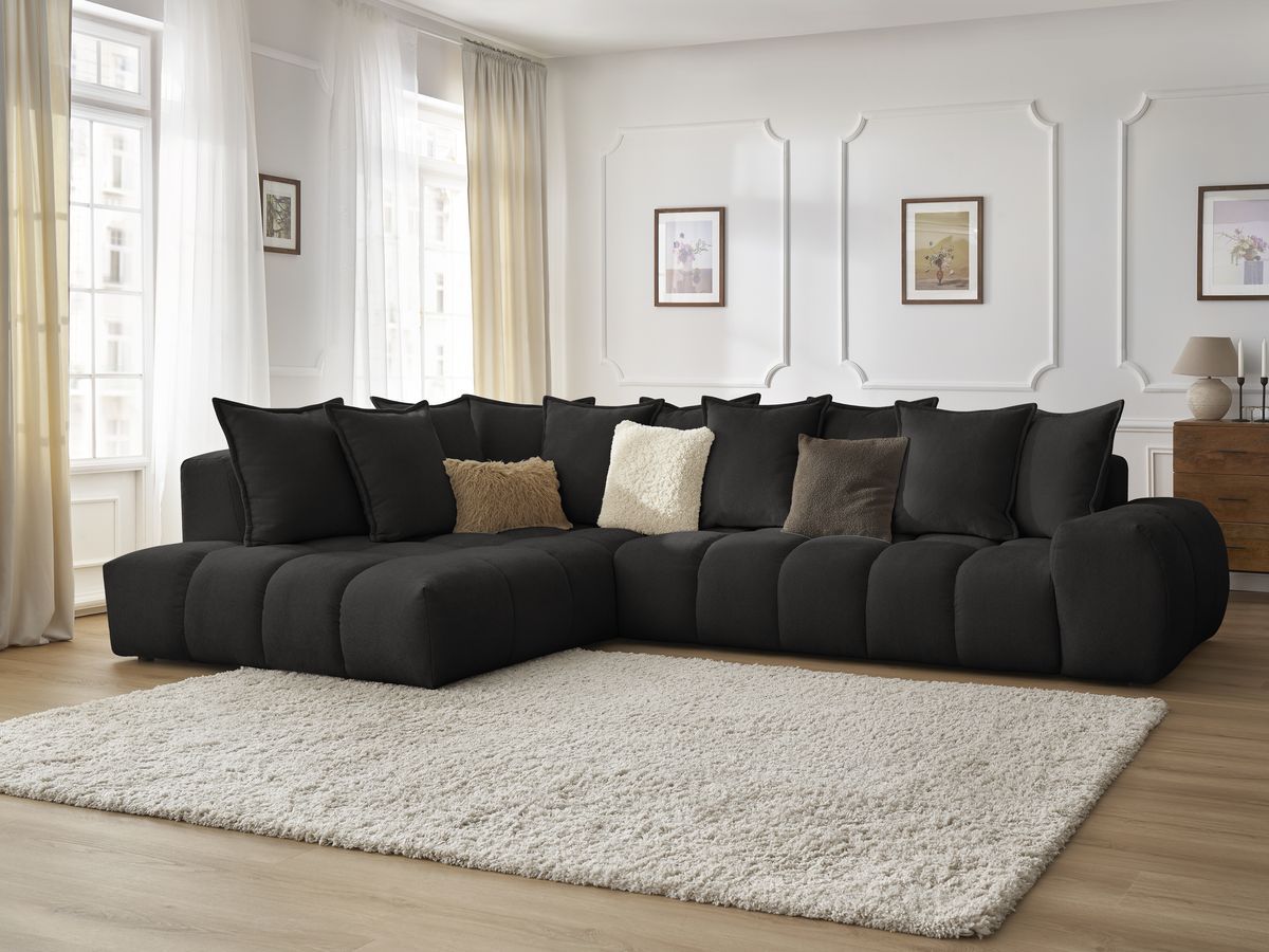 Canapé d'angle fixe EVEREST tissu texturé - Angle gauche - 10 coussins