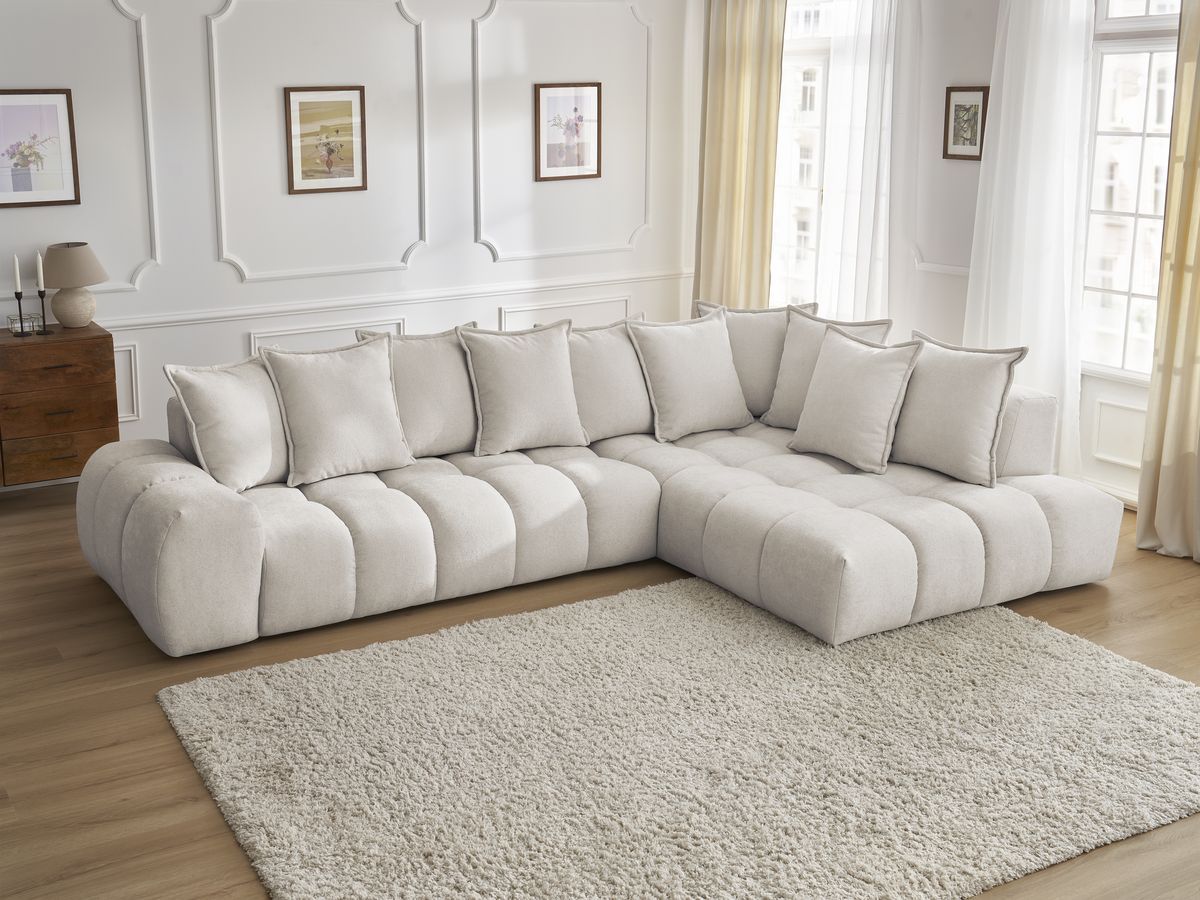 Canapé d'angle fixe EVEREST tissu texturé - Angle droit - 10 coussins