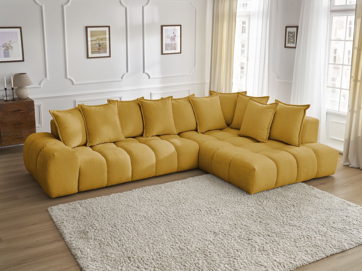 Canapé d'angle fixe EVEREST tissu texturé - Angle droit - 10 coussins