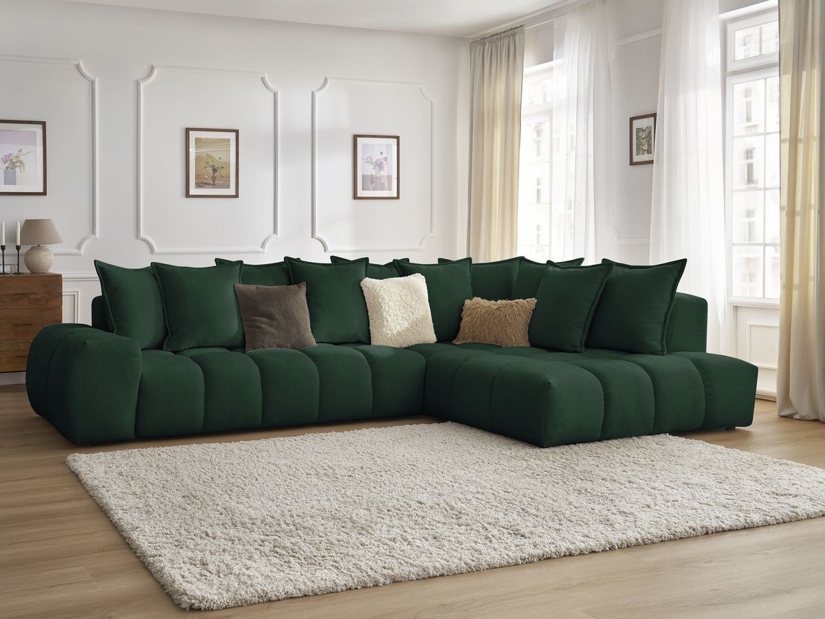 Canapé d'angle fixe EVEREST tissu texturé - Angle droit - 10 coussins