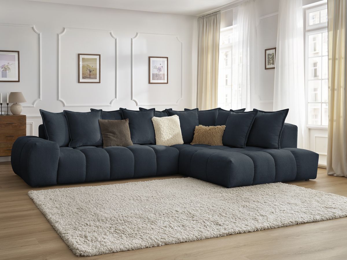 Canapé d'angle fixe EVEREST tissu texturé - Angle droit - 10 coussins