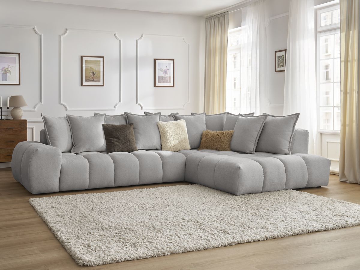 Canapé d'angle fixe EVEREST tissu texturé - Angle droit - 10 coussins