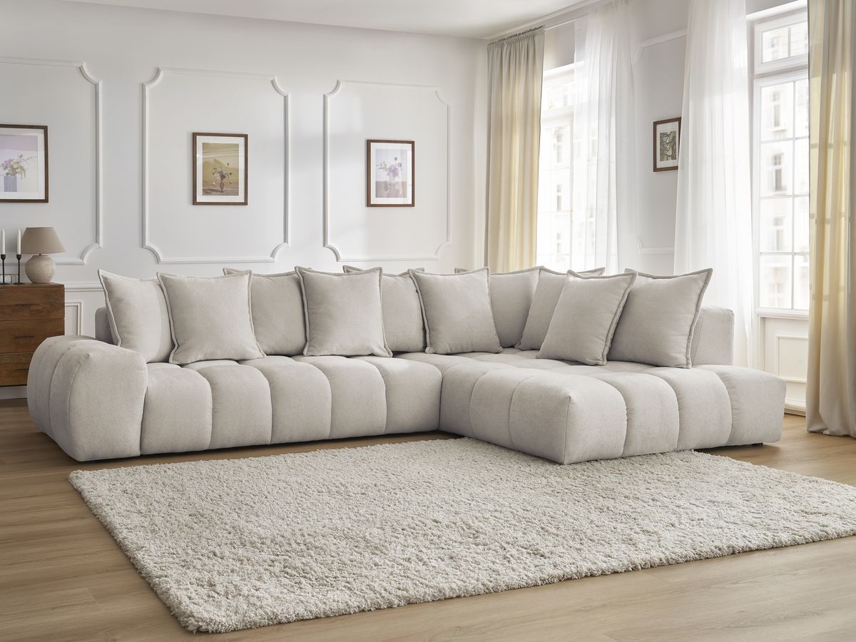 Canapé d'angle fixe EVEREST tissu texturé - Angle droit - 10 coussins
