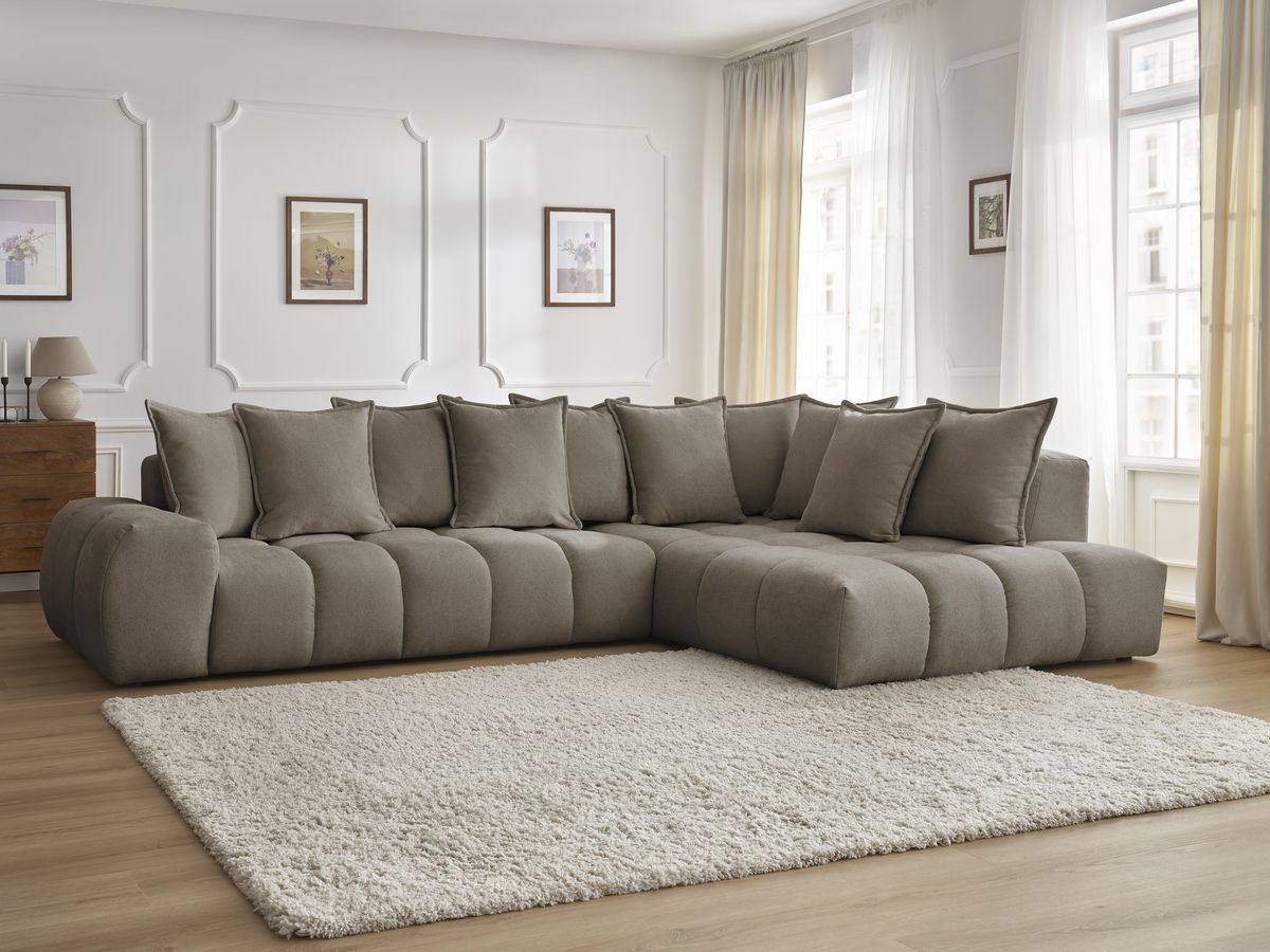 Canapé d'angle fixe EVEREST tissu texturé - Angle droit - 10 coussins