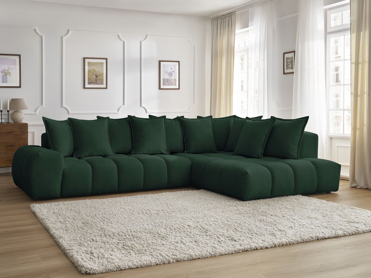 Canapé d'angle fixe EVEREST tissu texturé - Angle droit - 10 coussins