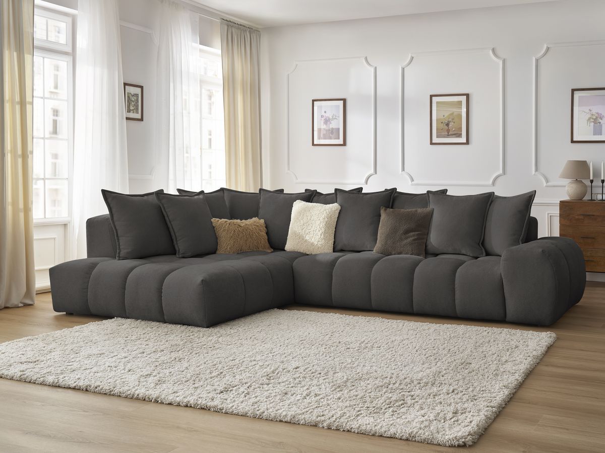 Canapé d'angle fixe EVEREST tissu texturé - Angle gauche - 10 coussins