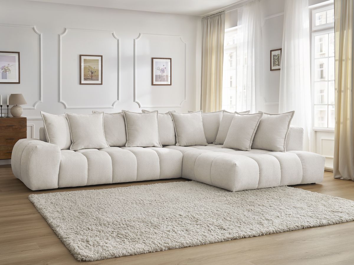 Canapé d'angle fixe EVEREST tissu texturé - Angle droit - 10 coussins