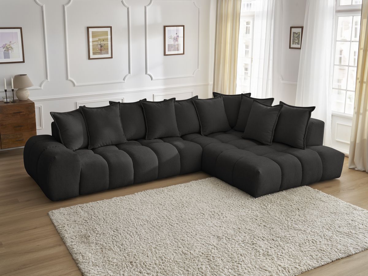 Canapé d'angle fixe EVEREST tissu texturé - Angle droit - 10 coussins