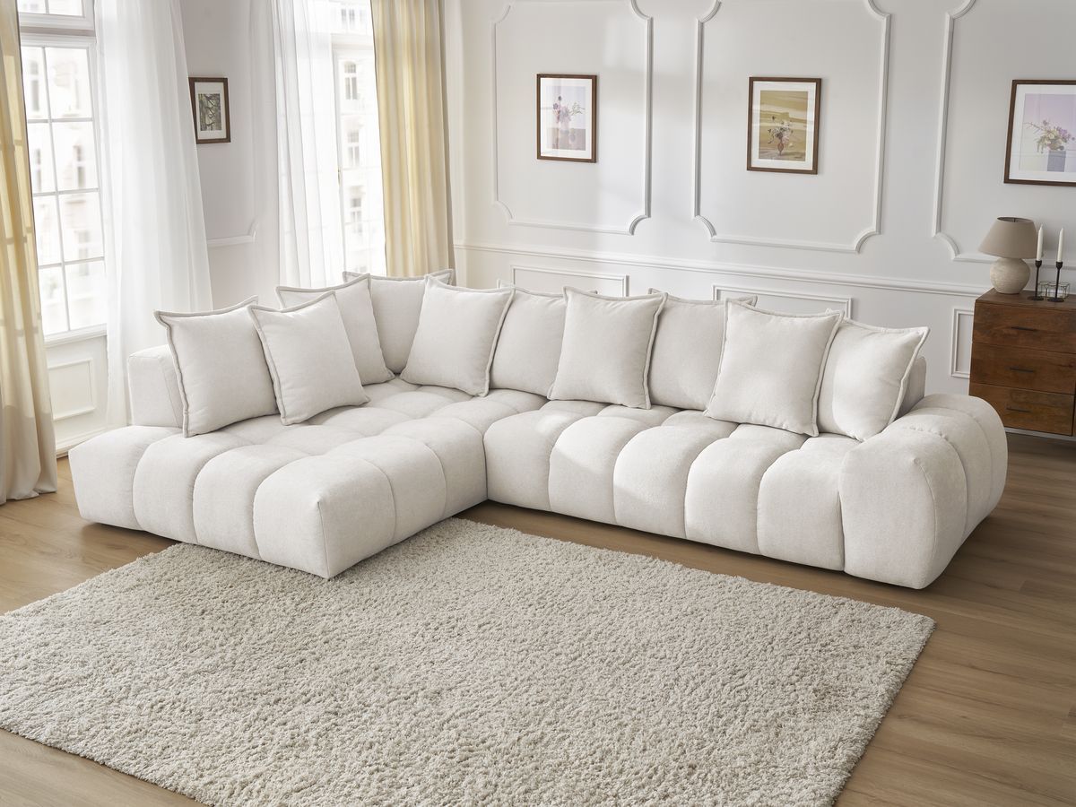 Canapé d'angle fixe EVEREST tissu texturé - Angle gauche - 10 coussins