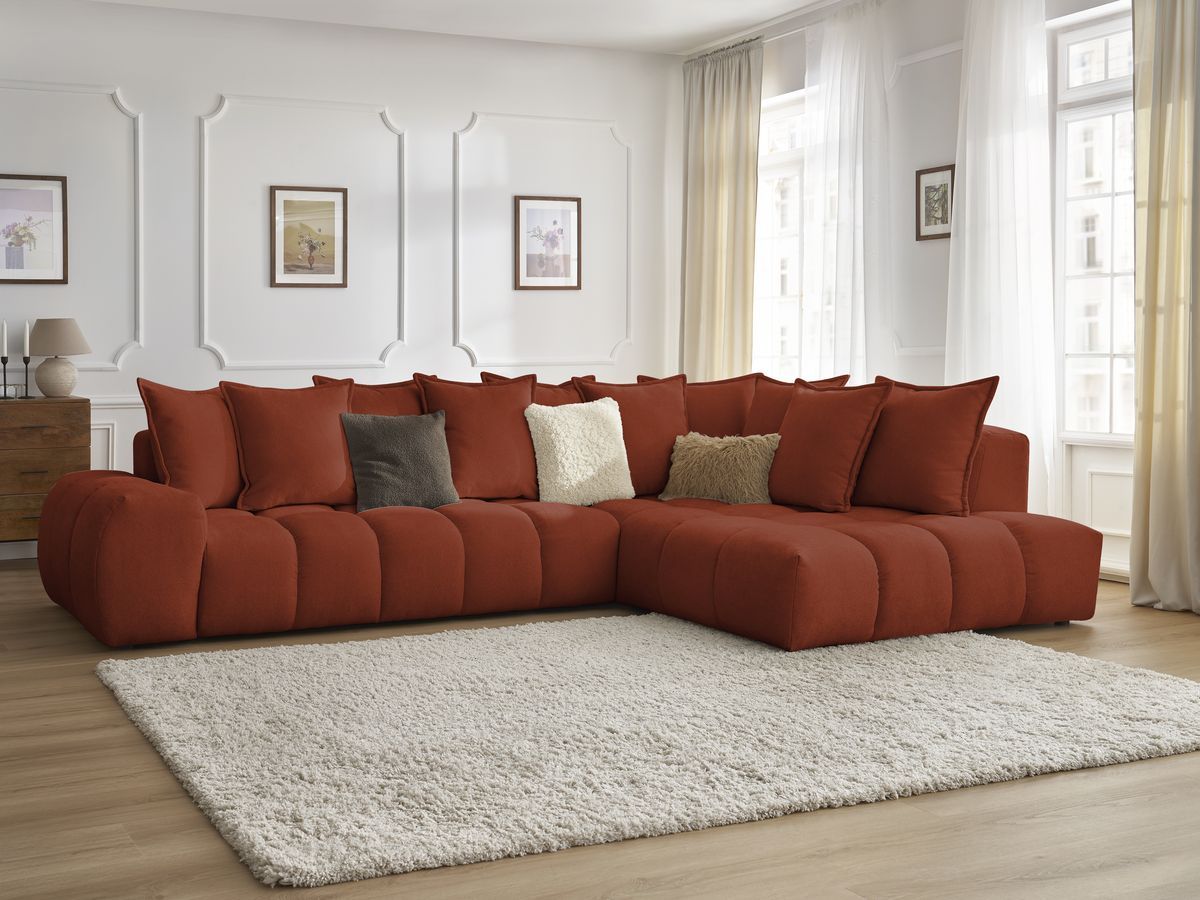 Canapé d'angle fixe EVEREST tissu texturé - Angle droit - 10 coussins