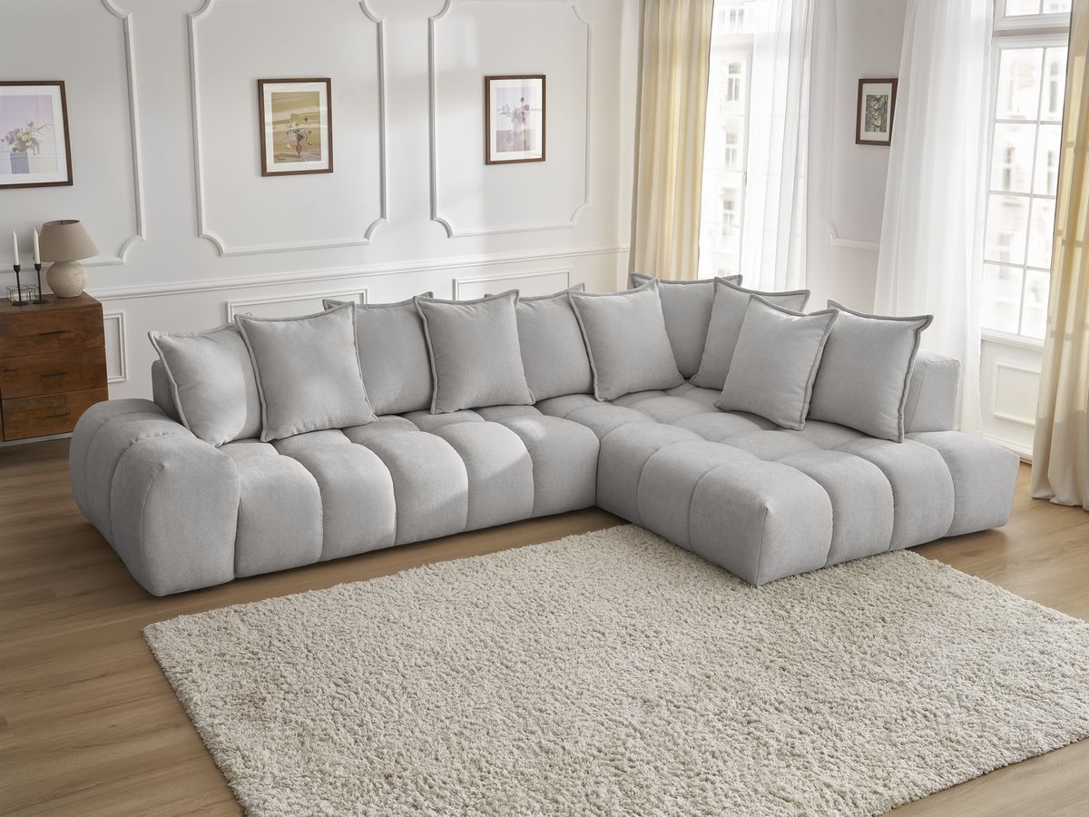 Canapé d'angle fixe EVEREST tissu texturé - Angle droit - 10 coussins