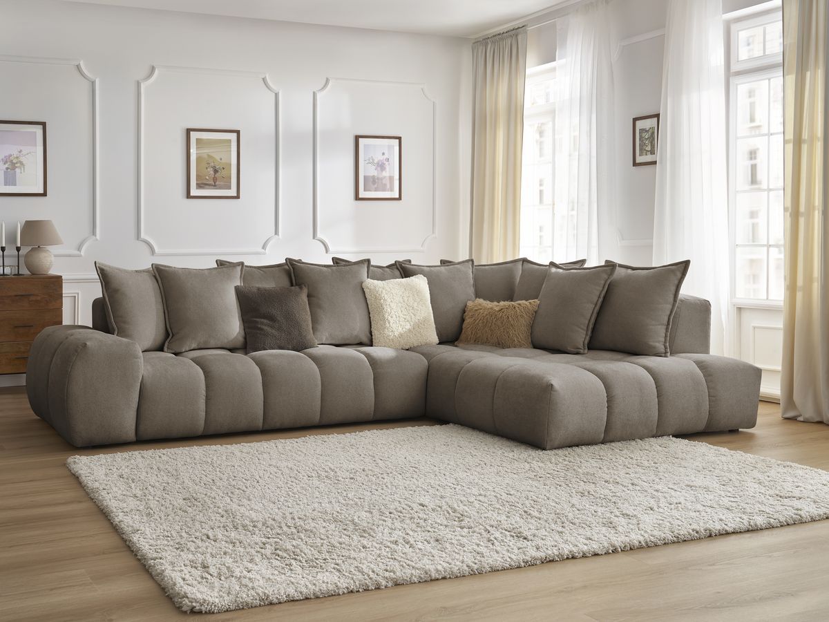 Canapé d'angle fixe EVEREST tissu texturé - Angle droit - 10 coussins