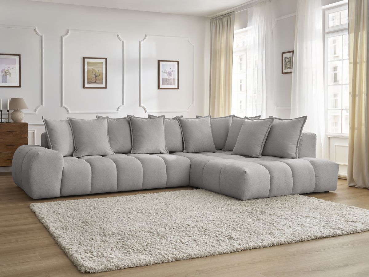 Canapé d'angle fixe EVEREST tissu texturé - Angle droit - 10 coussins