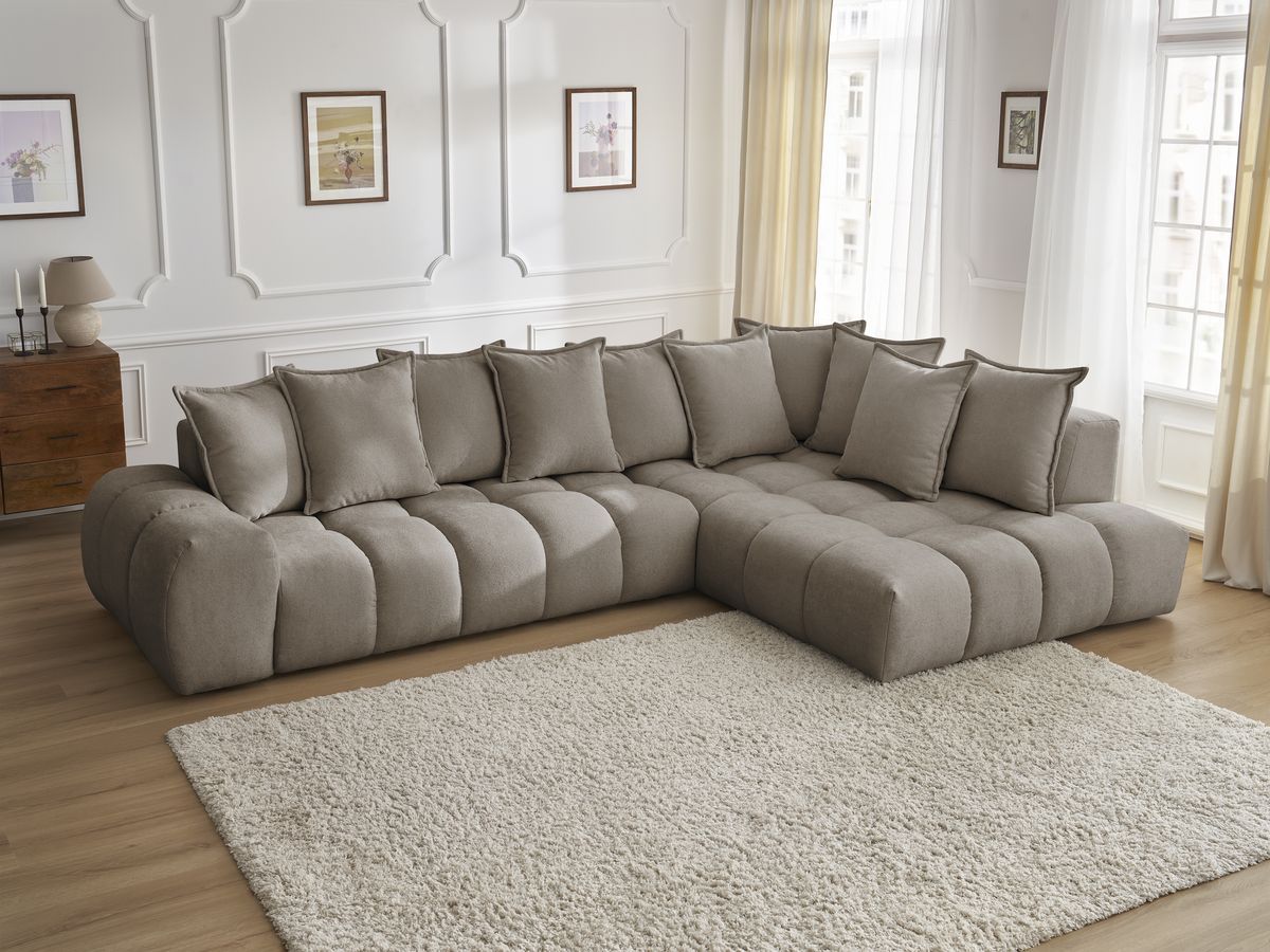 Canapé d'angle fixe EVEREST tissu texturé - Angle droit - 10 coussins
