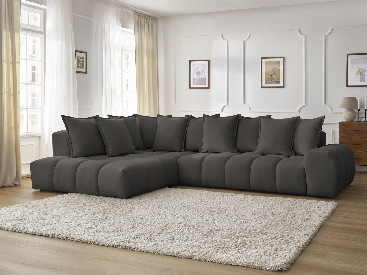 Canapé d'angle fixe EVEREST tissu texturé - Angle gauche - 10 coussins