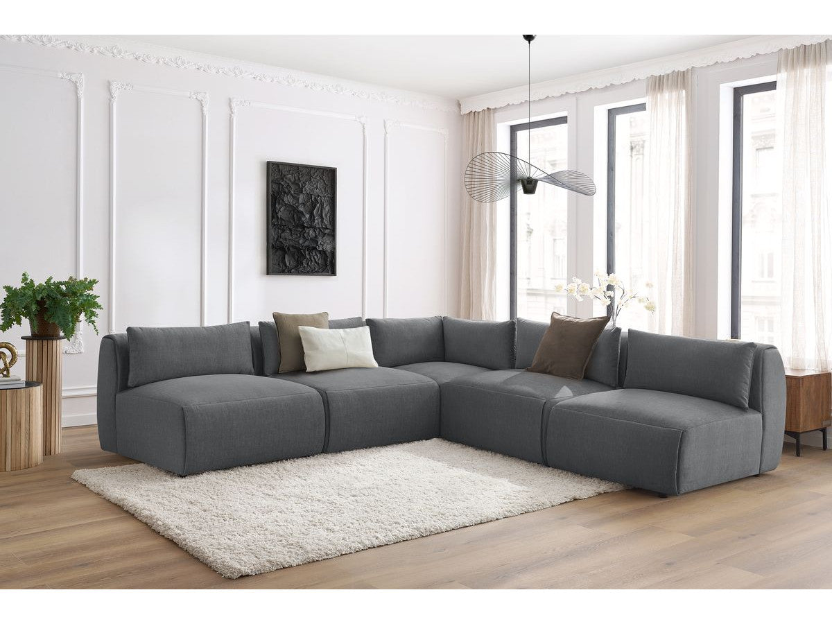Canapé d'angle fixe modulable JEANNE tissu velours avec 4 chauffeuses et 1 angle - Réversible