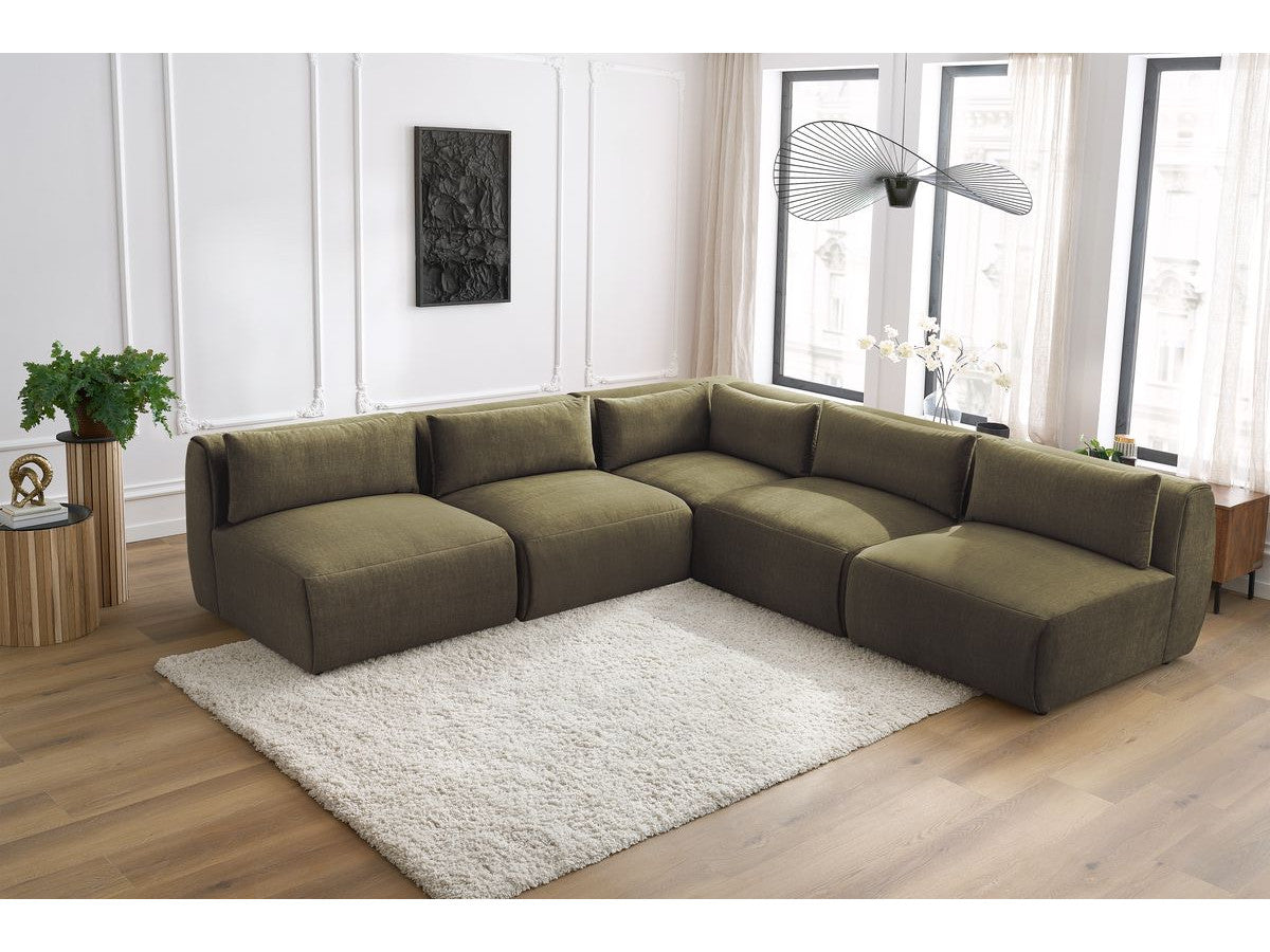 Canapé d'angle fixe modulable JEANNE tissu velours avec 4 chauffeuses et 1 angle - Réversible