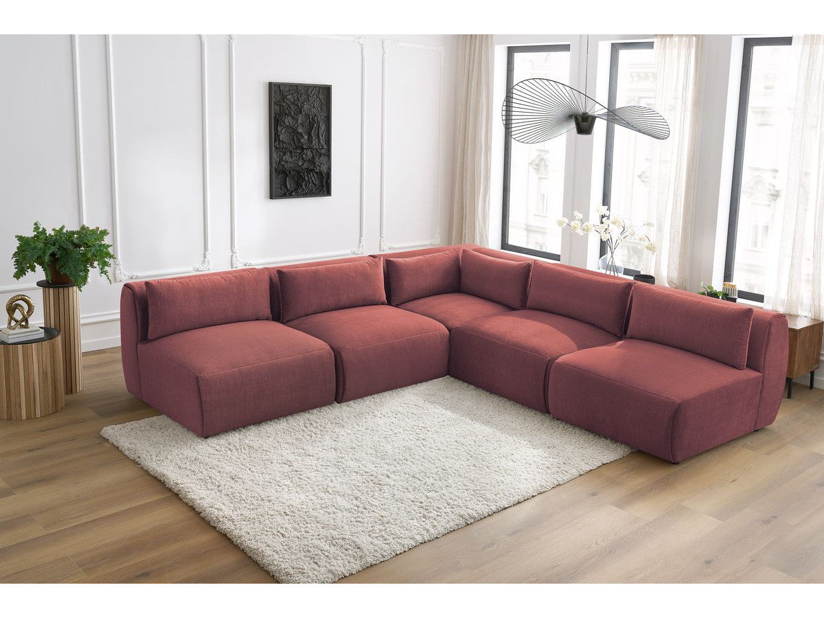 Canapé d'angle fixe modulable JEANNE tissu velours avec 4 chauffeuses et 1 angle - Réversible