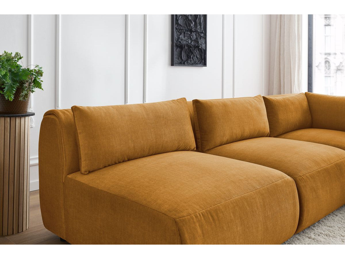 Canapé d'angle fixe modulable JEANNE tissu velours avec 4 chauffeuses et 1 angle - Réversible