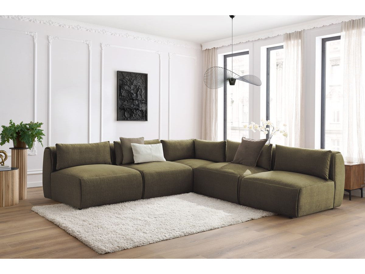 Canapé d'angle fixe modulable JEANNE tissu velours avec 4 chauffeuses et 1 angle - Réversible