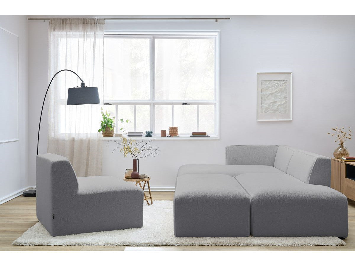 Canapé d'angle fixe modulable MEGEVE tissu bouclette avec 1 chauffeuse et 1 pouf - Angle gauche